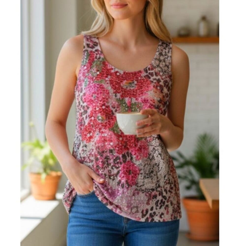 Absolutely Famous Pink Sequins Floral Tank Top Size Large